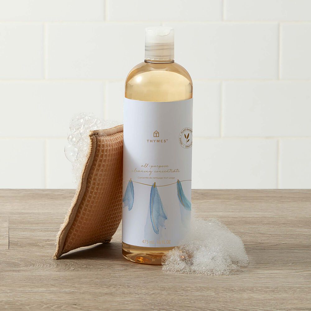 Thymes Washed Linen All-Purpose Cleaning Concentrate for Floors and Surfaces with bubbles and sponge image number 2